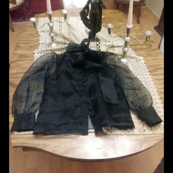 Zara Tops - Sold out Zara black sheer collar bow button shirt